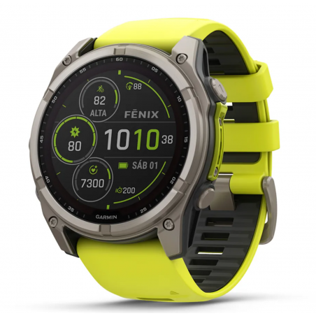 Garmin Fenix 8 51mm Zafiro Solar Titanio gris correa amarillo